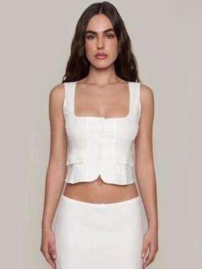 Guizio White Adelina Scoop Square Neck Linen Blend Button Tank Top size large